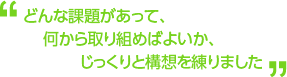 どんな課題があって、何から取り組めばよいか、じっくりと構想を練りました